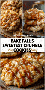 Close-up of caramel apple crumble cookies topped with golden streusel and caramel glaze on a rustic tray.